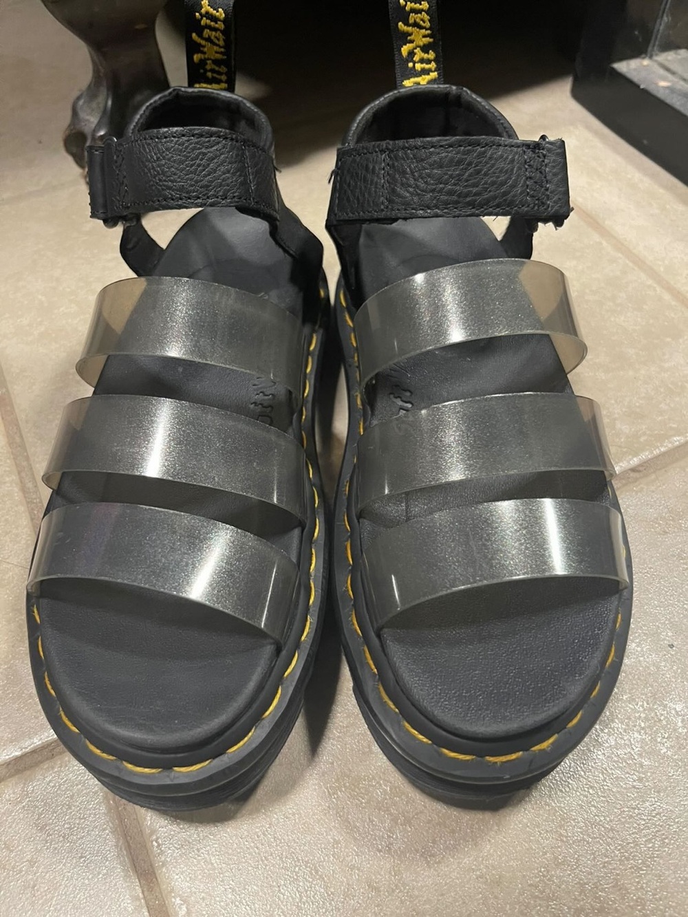 Dr. Martens Black Sandals with Clear Straps and Yellow Stitching